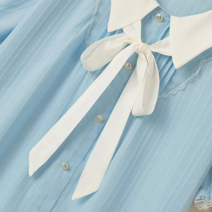 Plusock Plus Size Blue Contrast Collar Bow Tie Ruffle Hem Dress - image 4