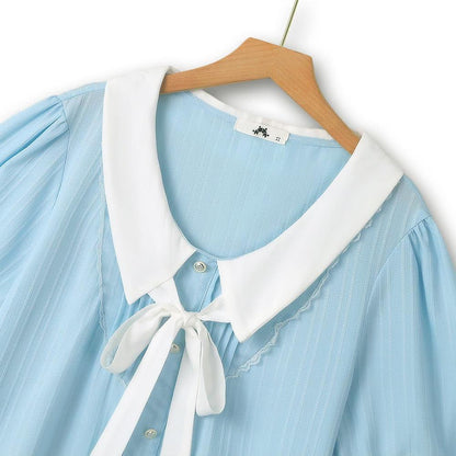 Plusock Plus Size Blue Contrast Collar Bow Tie Ruffle Hem Dress - image 1