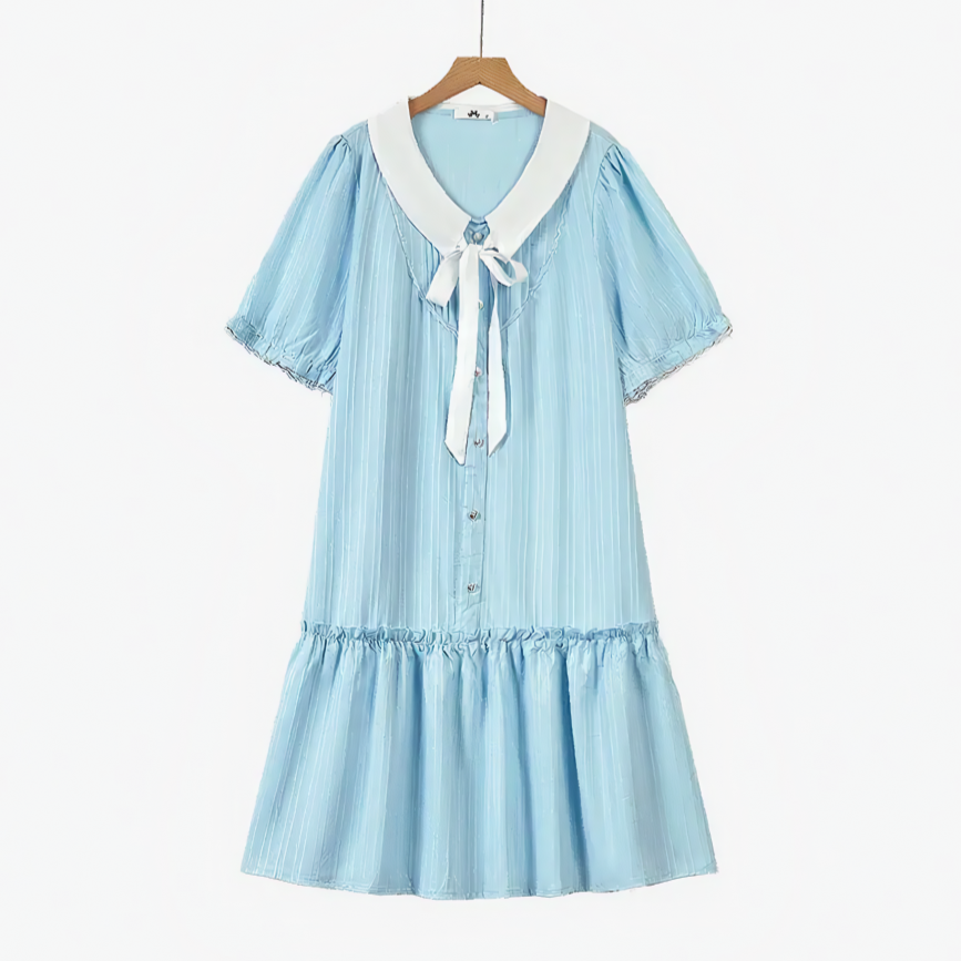Plusock Plus Size Blue Contrast Collar Bow Tie Ruffle Hem Dress - Blue - 6XL - image 0
