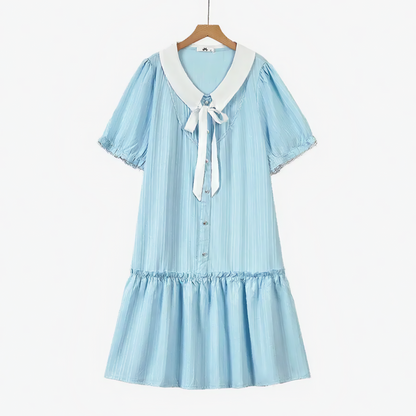 Plusock Plus Size Blue Contrast Collar Bow Tie Ruffle Hem Dress - Blue - 6XL - image 0