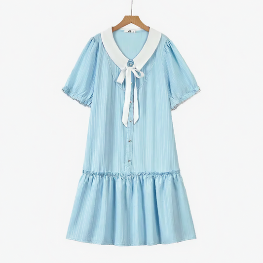 Plusock Plus Size Blue Contrast Collar Bow Tie Ruffle Hem Dress - Blue - 6XL - image 0