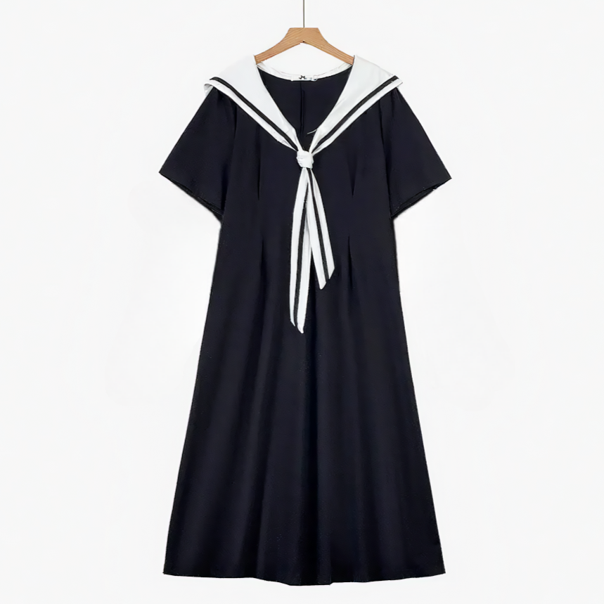 Plusock Plus Size Sailor Collar Cotton Blend Midi Dress - Black - 6XL - image 0