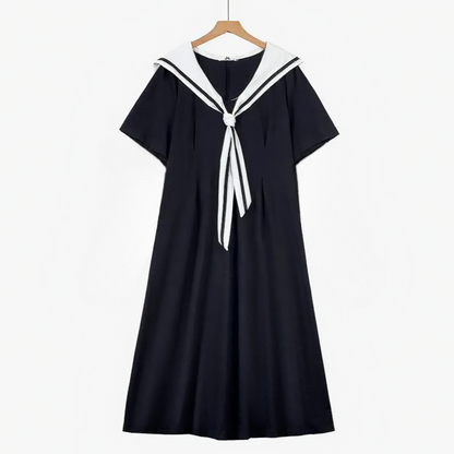 Plusock Plus Size Sailor Collar Cotton Blend Midi Dress - Black - 6XL - image 0