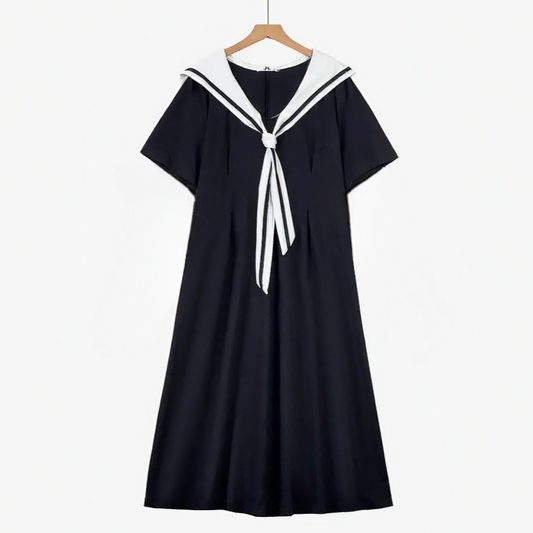 Plusock Plus Size Sailor Collar Cotton Blend Midi Dress - Black - 6XL - image 0