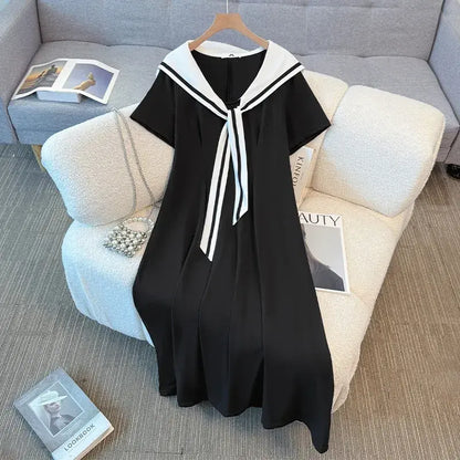 Plusock Plus Size Sailor Collar Cotton Blend Midi Dress - image 5