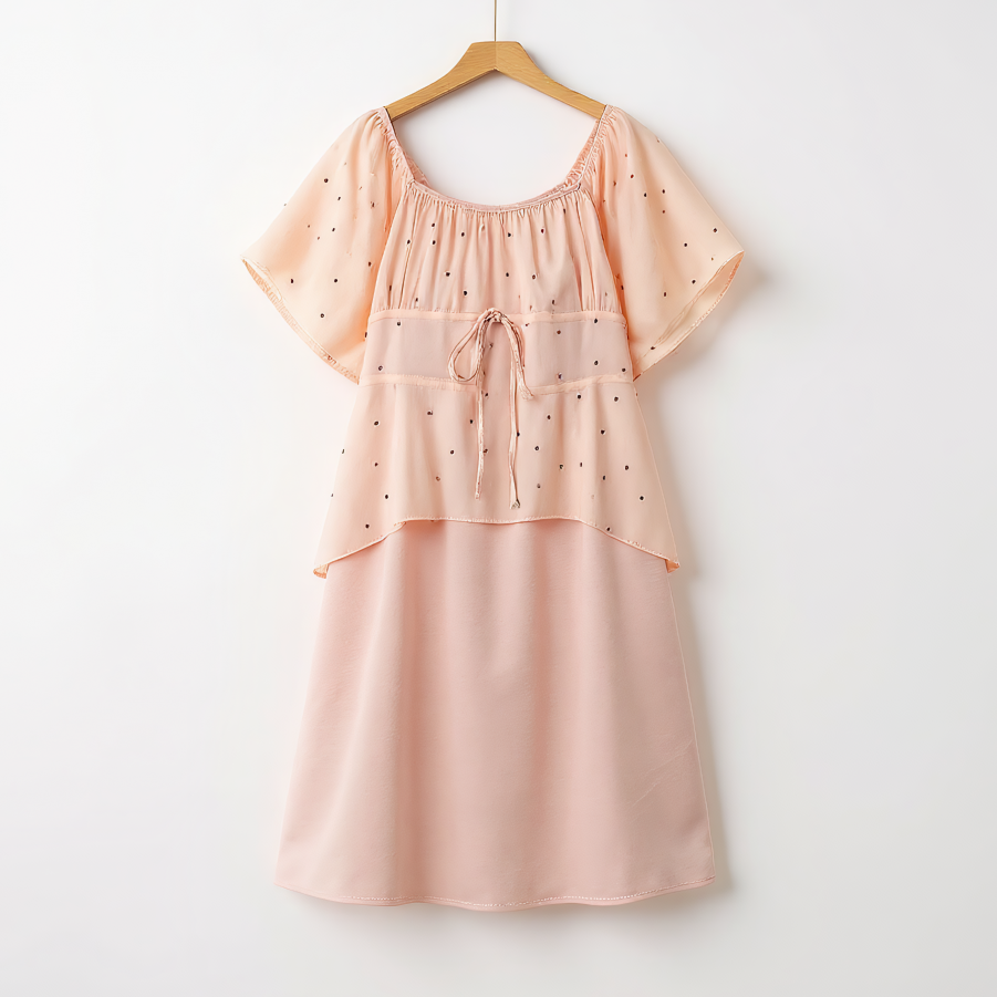 Plusock Blush Polka Dot Layered Chiffon Tie Waist Dress - Pink - 6XL - image 0