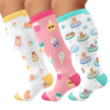Plusock Plus Size Beach Capybara & Dog Print Compression Socks - Multicolor(3 Pairs) - 4XL - image 4