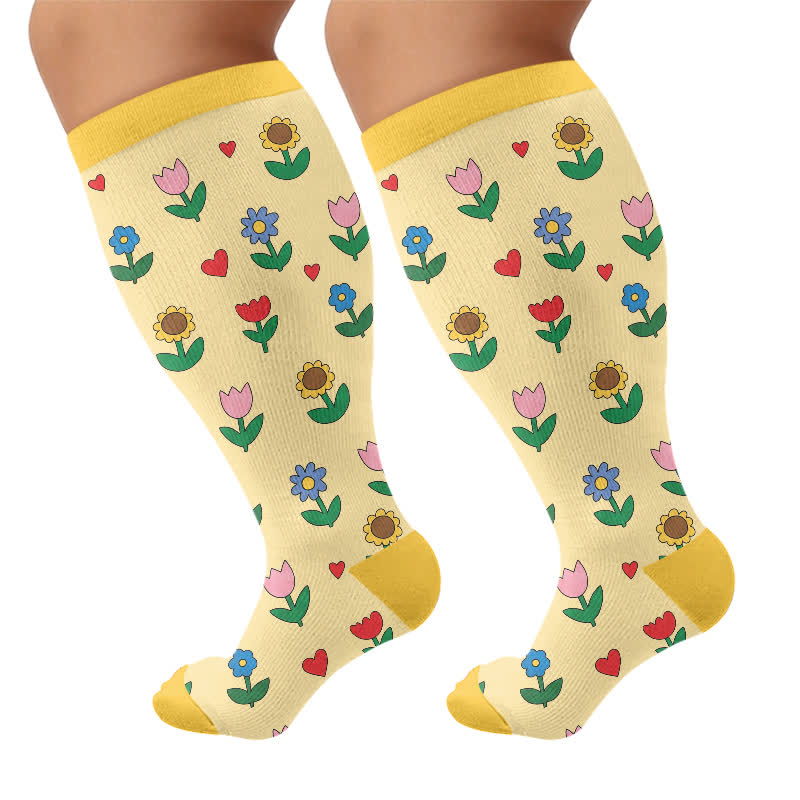 Plusock Plus Size Pastel Daisy Compression Socks - Yellow(1 Pair) - 4XL - image 9