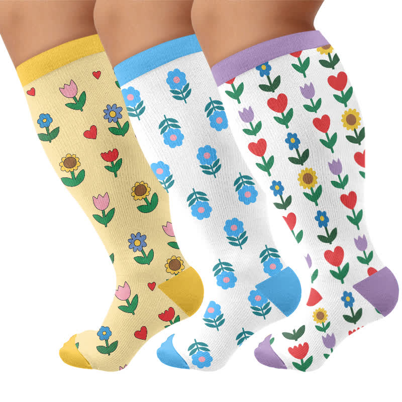 Plusock Plus Size Pastel Daisy Compression Socks - Multicolor(3 Pairs) - 4XL - image 4