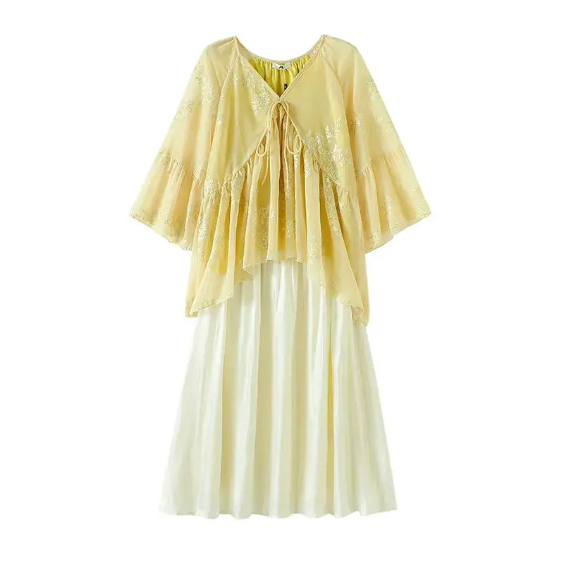 Plusock Plus Size Yellow Floral Cape Top Maxi Skirt Set - 2Pcs Set - 6XL - image 0