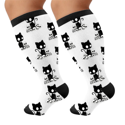 Plusock Plus Size Skull Moon Cat Compression Socks - White(1 Pair) - 4XL - image 9