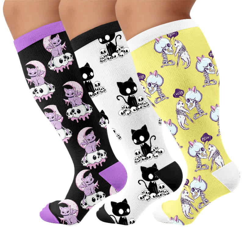 Plusock Plus Size Skull Moon Cat Compression Socks - Multicolor(3 Pairs) - 4XL - image 4