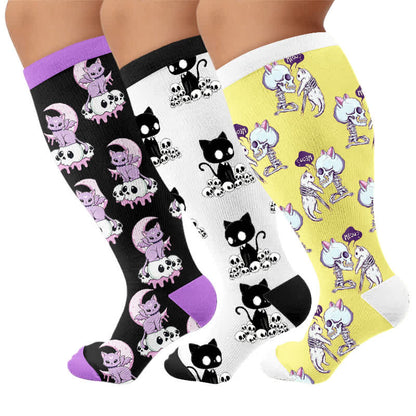 Plusock Plus Size Skull Moon Cat Compression Socks - Multicolor(3 Pairs) - 4XL - image 4