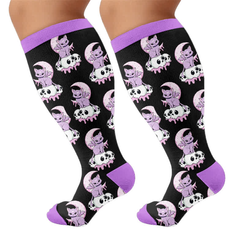 Plusock Plus Size Skull Moon Cat Compression Socks - Black(1 Pair) - 4XL - image 8