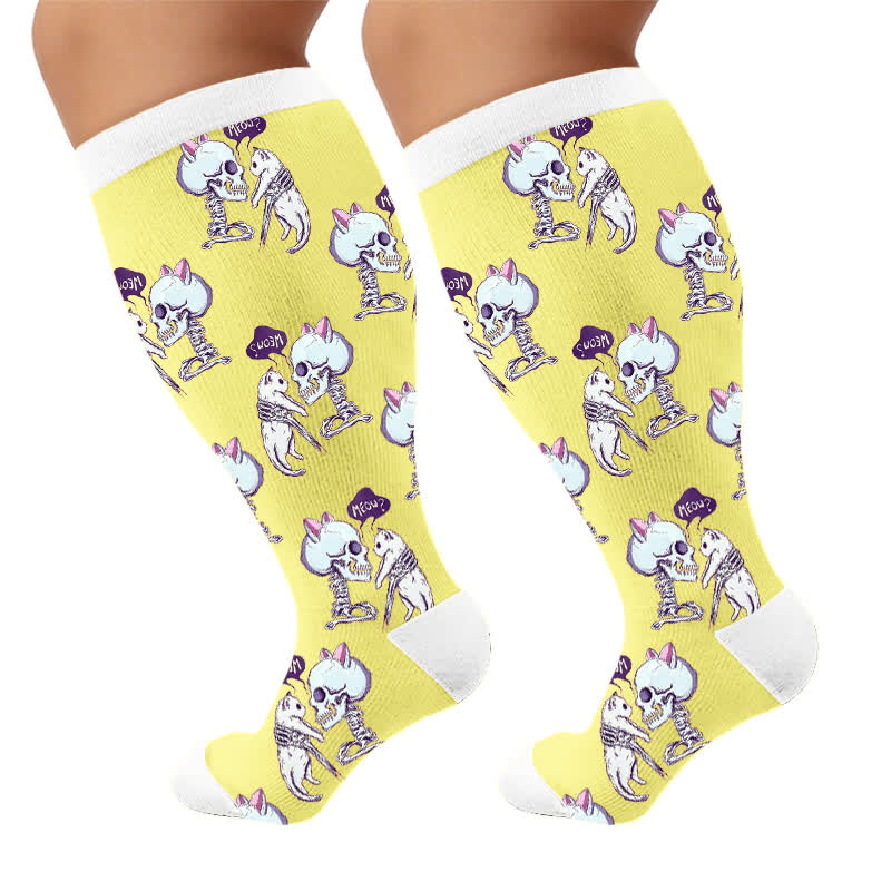 Plusock Plus Size Skull Moon Cat Compression Socks - Yellow(1 Pair) - 4XL - image 10