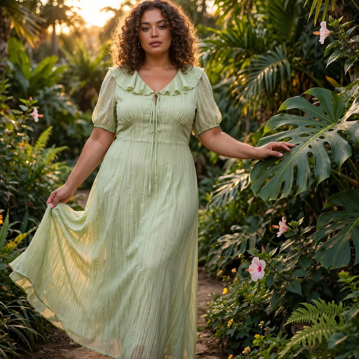 Plusock Romantic Frill Collar Puff Sleeve Maxi Dress - Green - 6XL - image 6