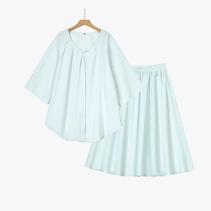 Plusock Plus Size Solid Loose Cotton Linen Top and Skirt Set - 2Pcs Set - Blue - 6XL - image 1