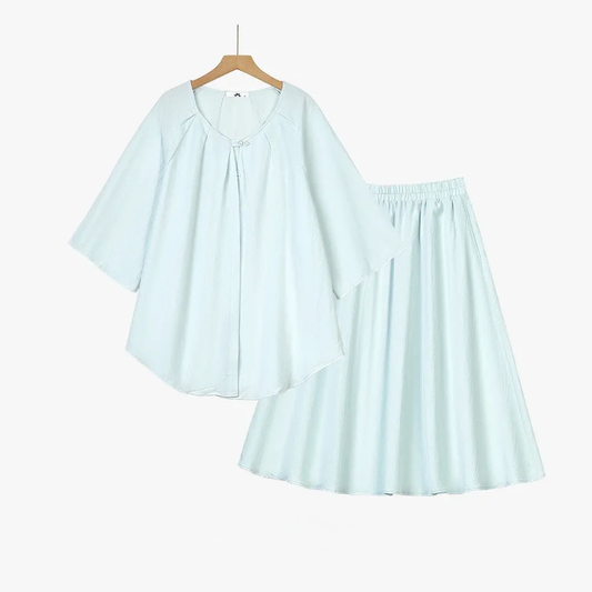 Plusock Plus Size Solid Loose Cotton Linen Top Skirt With Pockets Set - 2Pcs Set - Blue - 6XL - image 0