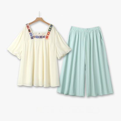 Plusock Boho Embroidered Square Neck Top and Wide Leg Pants Set - 2Pcs Set - 6XL - image 0