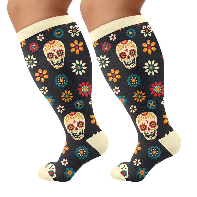 Plusock Plus Size Midnight Skull Floral Compression Socks - Dark Green - 4XL - image 10