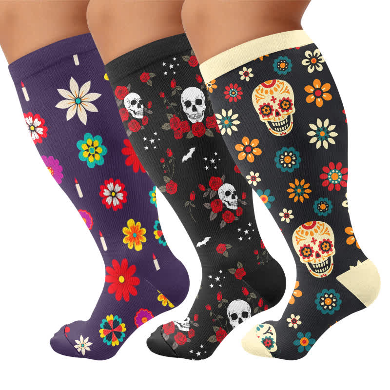 Plusock Plus Size Midnight Skull Floral Compression Socks - image 4