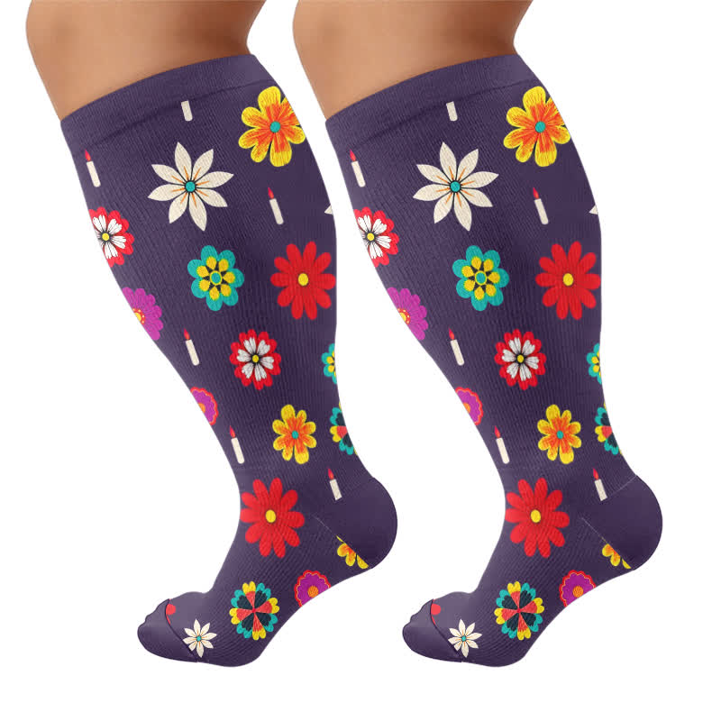 Plusock Plus Size Midnight Skull Floral Compression Socks - Purple - 4XL - image 8