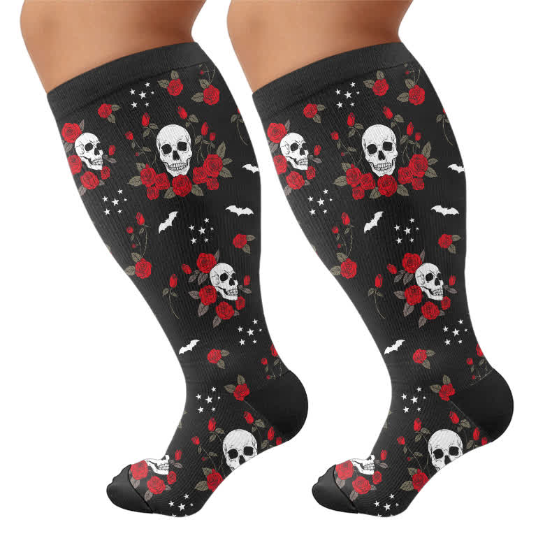 Plusock Plus Size Midnight Skull Floral Compression Socks - Black - 4XL - image 9