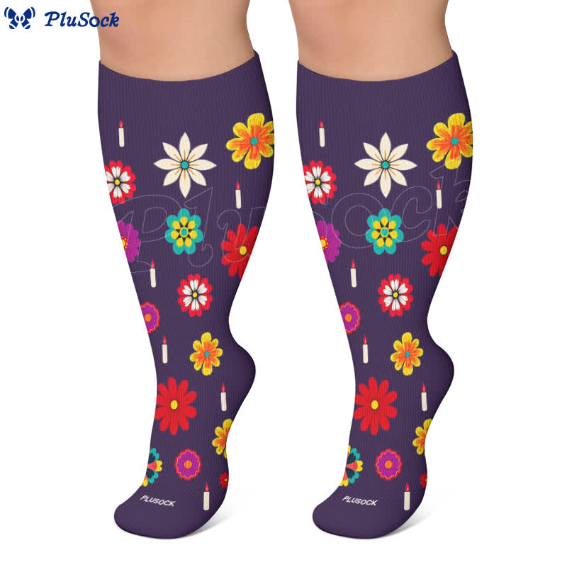 Plusock Plus Size Midnight Skull Floral Compression Socks - image 5