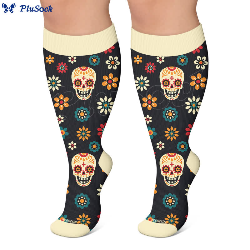 Plusock Plus Size Midnight Skull Floral Compression Socks - image 7