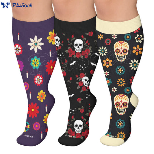 Plusock Plus Size Midnight Skull Floral Compression Socks - image 0