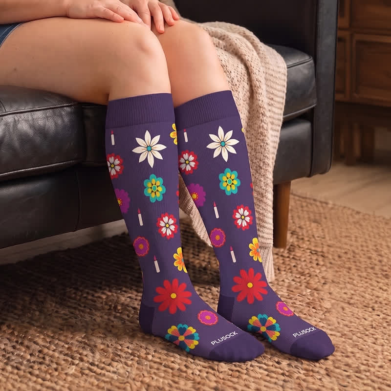 Plusock Plus Size Midnight Skull Floral Compression Socks - image 3