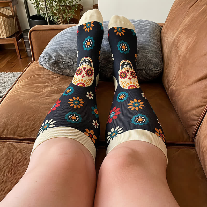 Plusock Plus Size Midnight Skull Floral Compression Socks - image 2