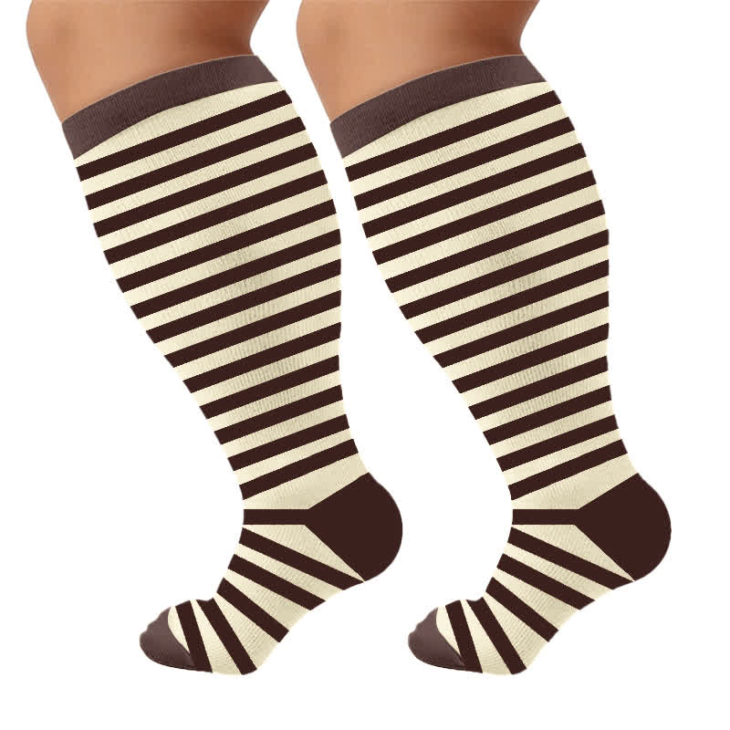 Plusock Plus Size Retro Tricolor Stripes Compression Socks - Brown(1 Pair) - 4XL - image 9