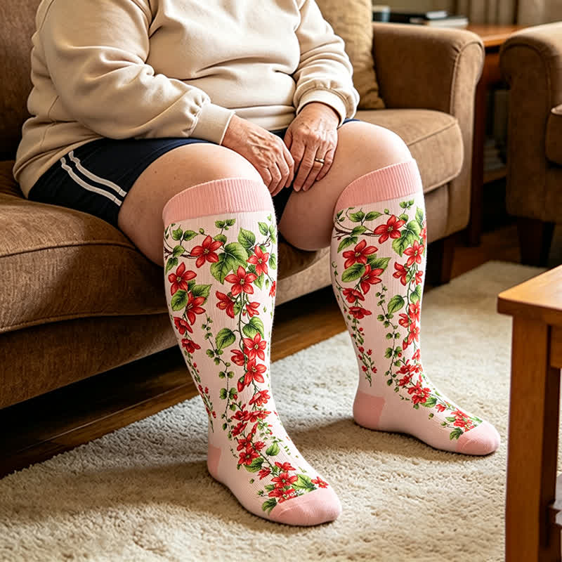 Plusock Plus Size Morning glory Compression Socks - Pink(1 Pair) - 4XL - image 2