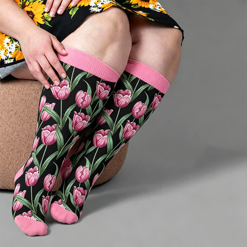 Plusock Plus Size Tulip Bloom Compression Socks - Black(1 Pair) - 4XL - image 1
