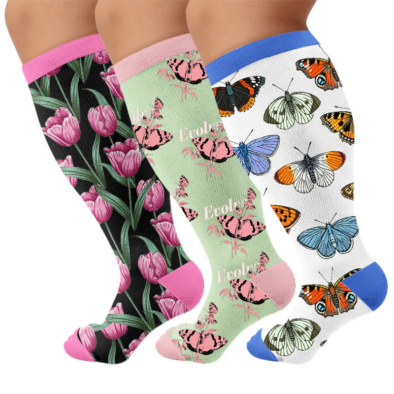 Plusock Plus Size Tulip Bloom Compression Socks - Multicolor(3 Pairs) - 4XL - image 7