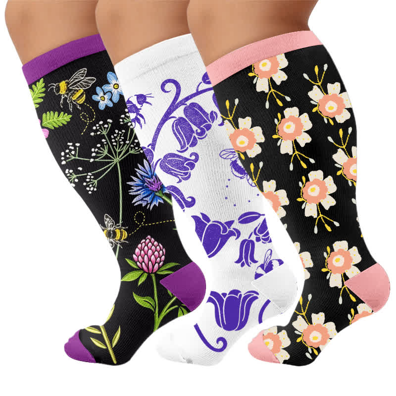 Plusock Plus Size Floral Bee Compression Socks - Multicolor(3 Pairs) - 4XL - image 4