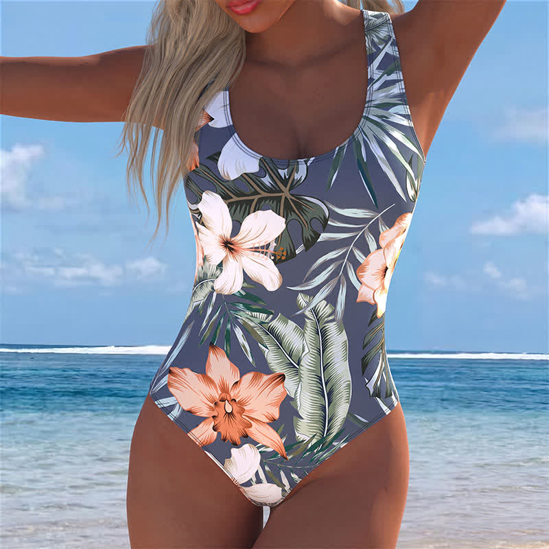 Plusock Vacation Wide Strap Tropical Floral One-Piece Swimsuit - Grey - 4XL - image 0