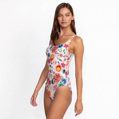 Plusock Multi Flower Tiger Rabbit Print Wide Strap One-Piece Swimsuit - White - 4XL - image 0