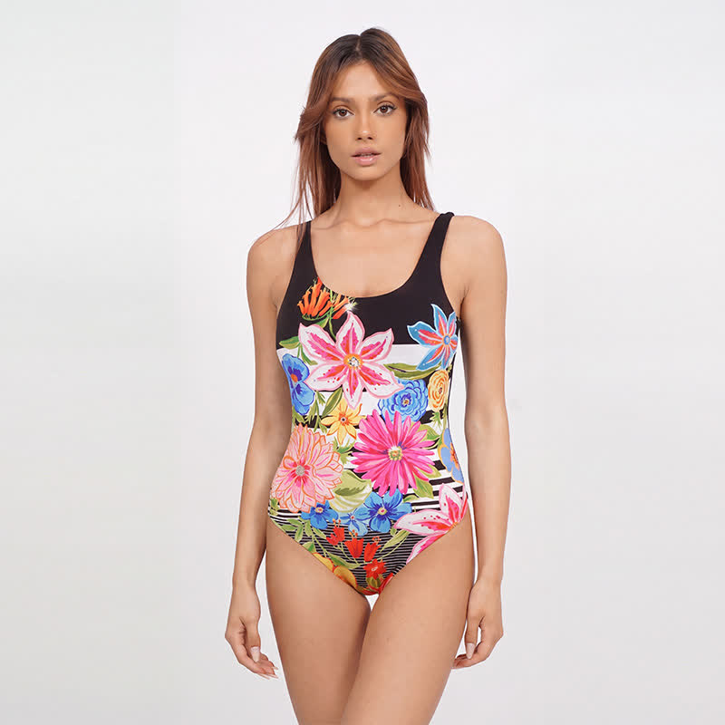 Plusock Multi Flower Tiger Rabbit Print Wide Strap One-Piece Swimsuit - Black - 4XL - image 2