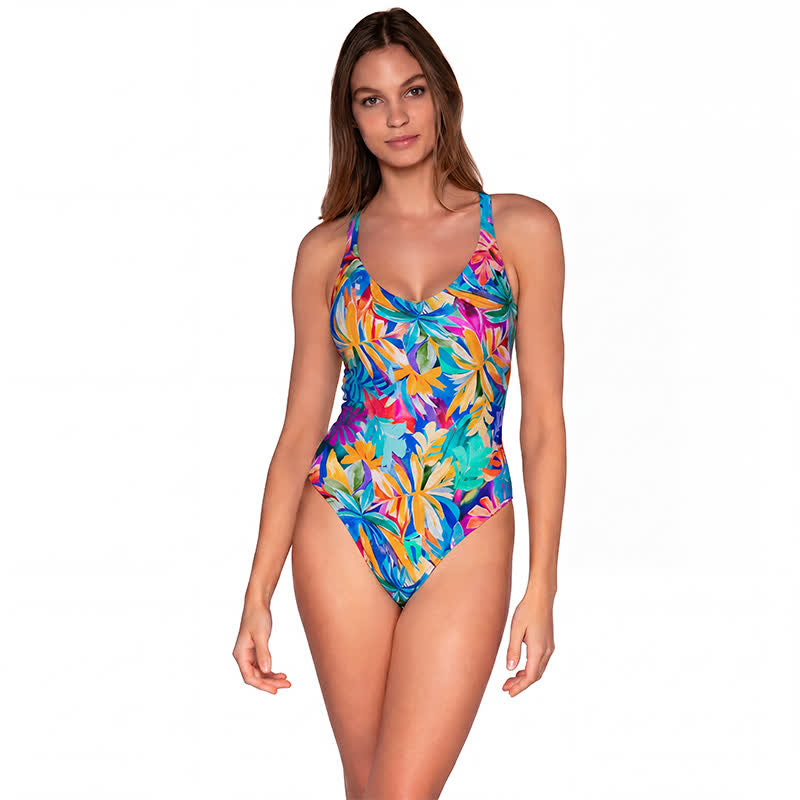 Plusock Multi Flower Tiger Rabbit Print Wide Strap One-Piece Swimsuit - Blue - 4XL - image 5