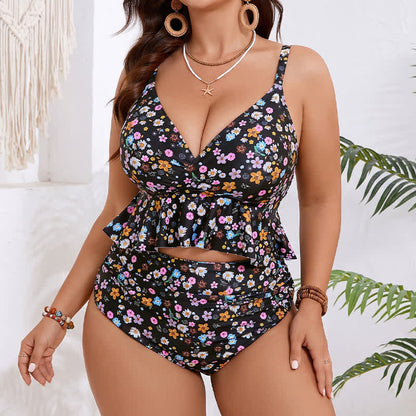 Plusock Black Floral Peplum Tankini Set - Black - 5XL - image 0
