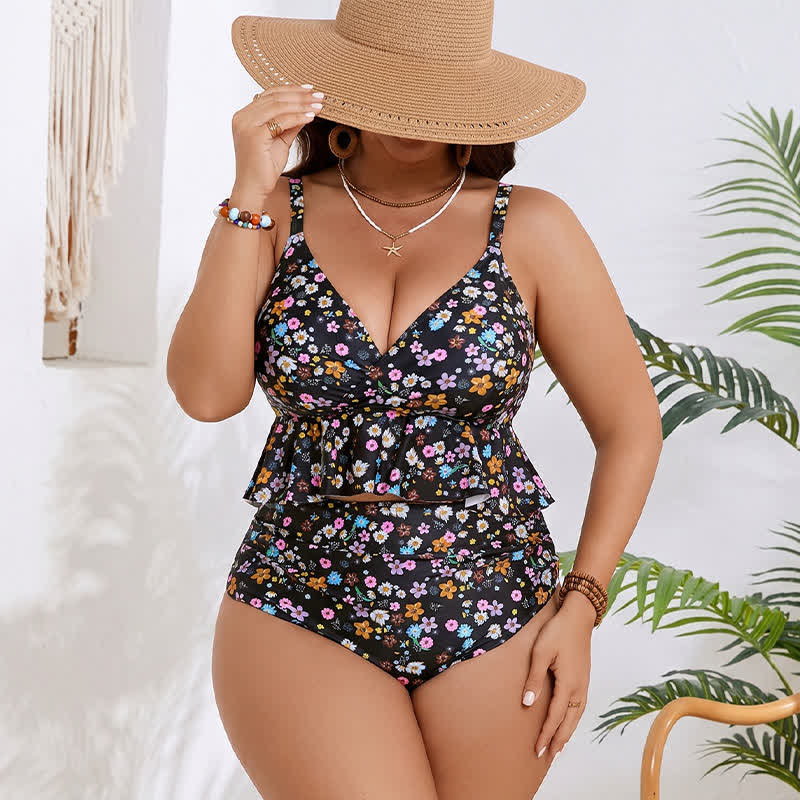 Plusock Black Floral Peplum Tankini Set - image 1