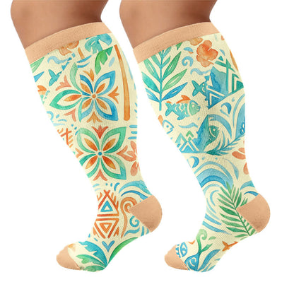 Plusock Plus Size Boho Floral Compression Socks - Yellow(1 Pair) - 4XL - image 8