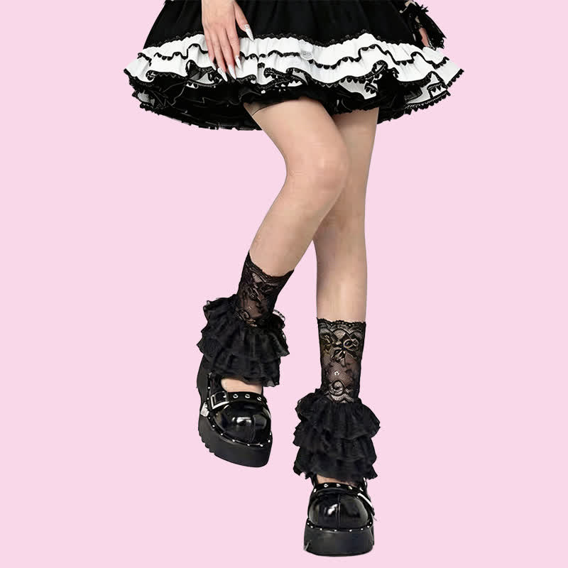 Plusock Gothic Lace Ruffle Crew Socks(2 Pairs) - Black - Leg Cuffs - One Size - image 15