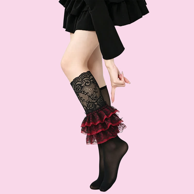 Plusock Gothic Lace Ruffle Crew Socks(2 Pairs) - Black-A - Full Socks - One Size - image 8