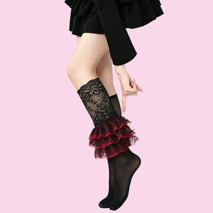 Plusock Gothic Lace Ruffle Crew Socks(2 Pairs) - Black-A - Full Socks - One Size - image 8