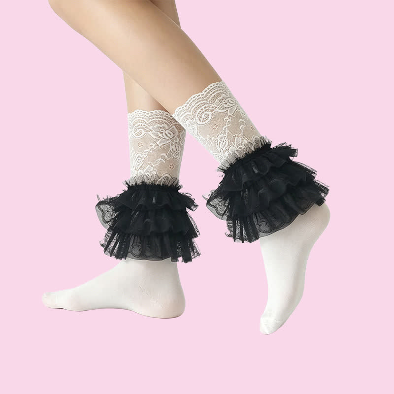 Plusock Gothic Lace Ruffle Crew Socks(2 Pairs) - White-B - Full Socks - One Size - image 11