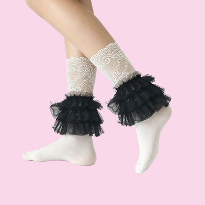 Plusock Gothic Lace Ruffle Crew Socks(2 Pairs) - White-B - Full Socks - One Size - image 11