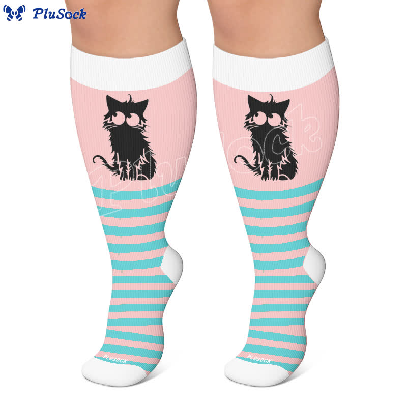 Plusock Plus Size Pink Stripe Cat Compression Socks - image 5